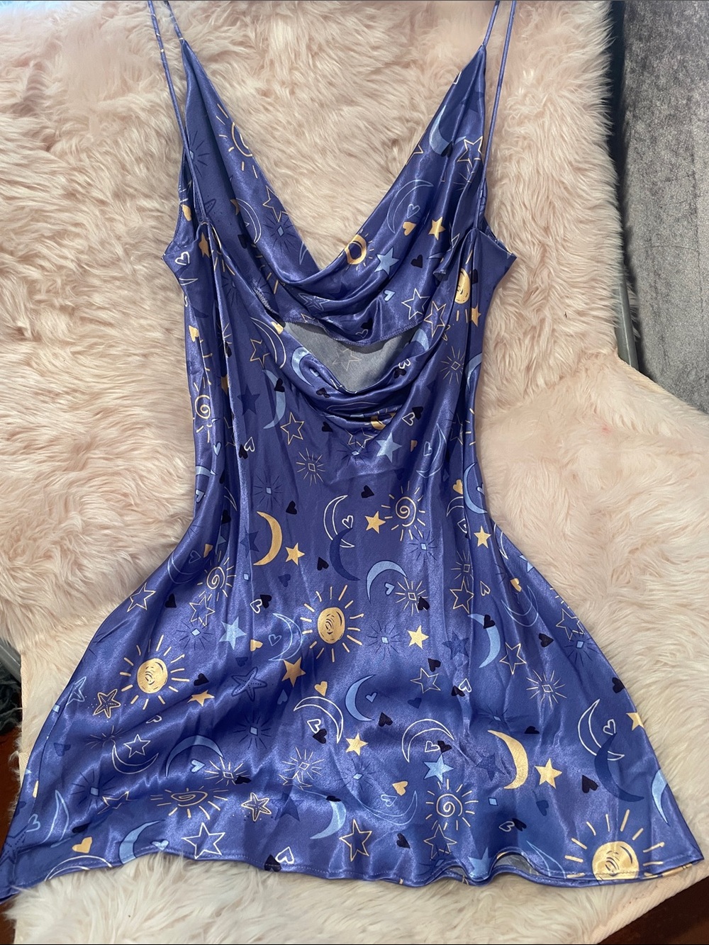 Zara Purple Satin Slip Dress with Celestial Gold Print - Picture 5 of 6